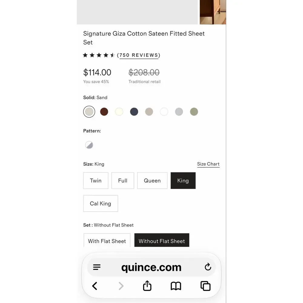 Quince Signature Giza Cotton Sateen Fitted King Sheet Set Sand